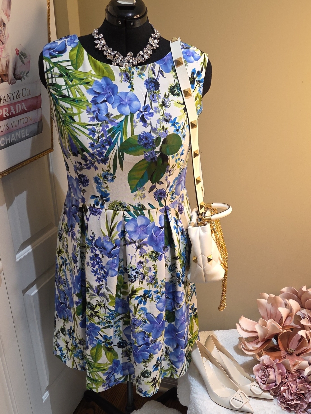 Nwot 14W Julian Taylor White Floral Midi Dress with Blue & Green Print